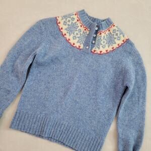 Vintage Woolrich Woman Henley Button Wool Sweater Blue Red Spring Size 34
